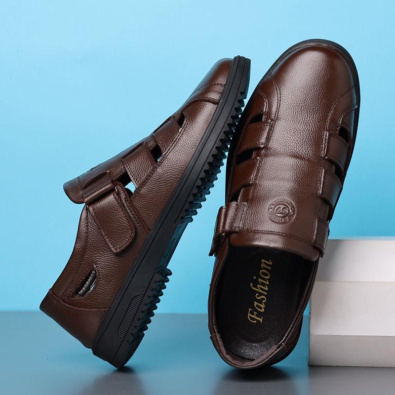 Leather shoes men's summer new men's hollowed-out casual breathable leather dad hole shoes