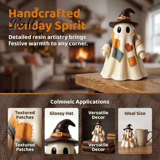 LED Light Up Ghost Lighted Vintage Patchwork Ghost, Halloween Decor for Home Display, Vintage-inspired Figurine Cute with Soft Mantels Shelves Porches