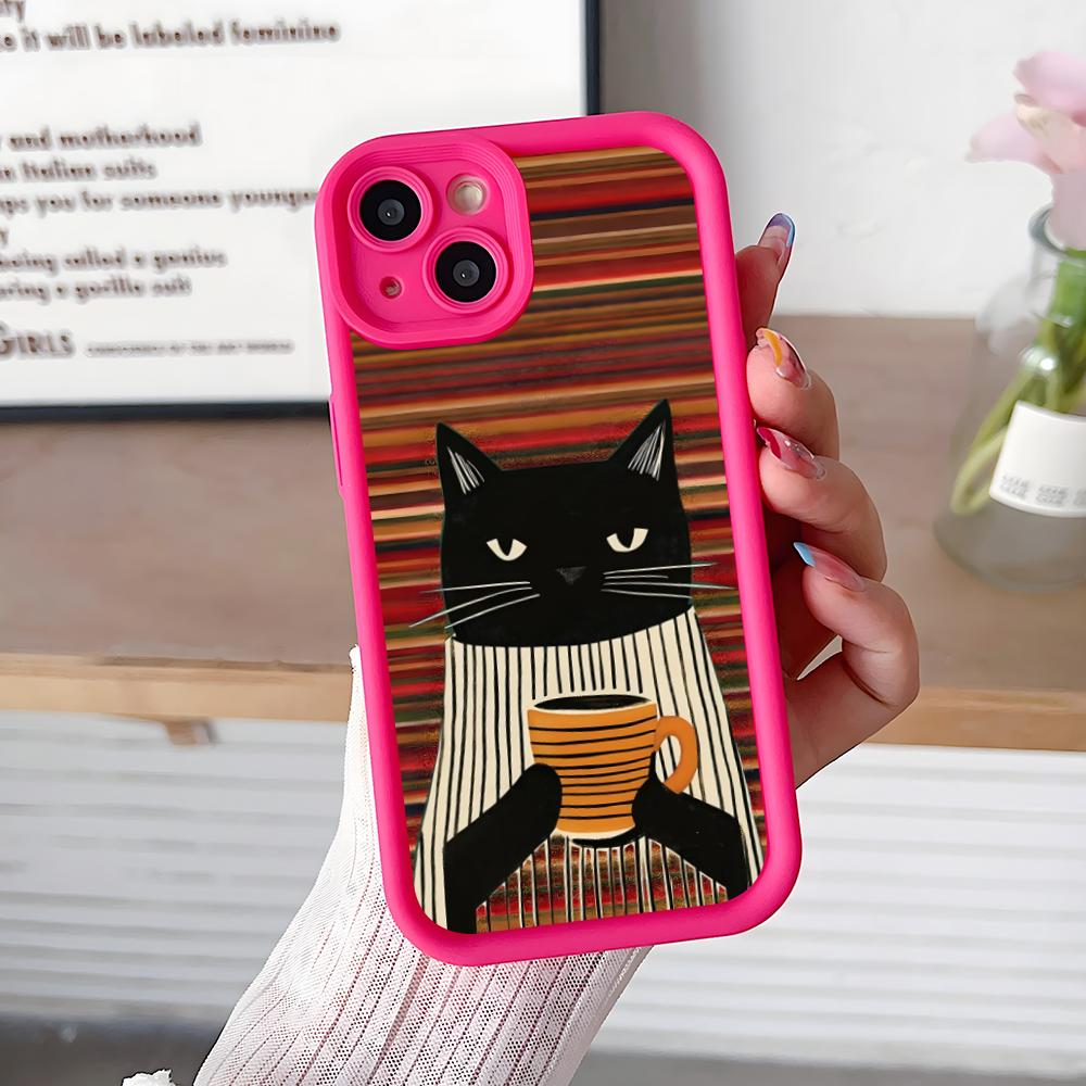 Cute Coffee Cat Thicken TPU Mobile Phone Case for iPhone 17 16 15 14 13 12 11 Air Pro Max Plus Colorful Cover