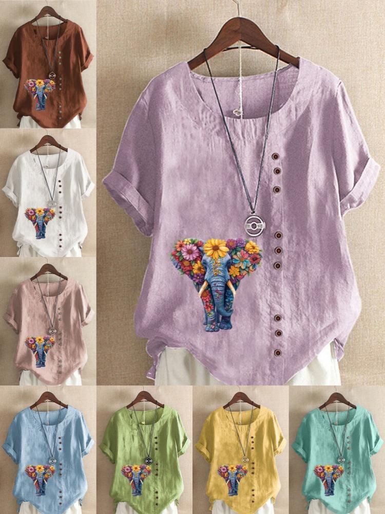 Women's Fashion Flower Elephant Print Round Neck Short Sleeve T-shirt Casual Cotton Linen Graphic Shirt Leisure Loose Summer Blouse Tops