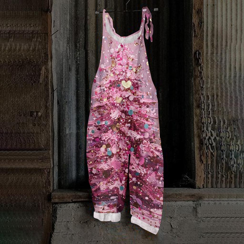 Tuta Stampata di Natale da Donna Casual Larga Vintage Cotone Lino Tuta per le Feste Uso Quotidiano
