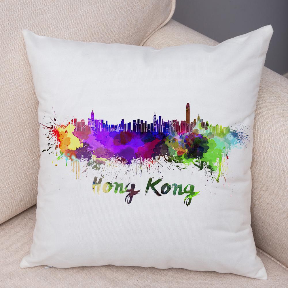 Watercolor City Skyline Cushion Cover Global Landmarks Art Print Soft Linen Living Room Bedroom Home Decor Pillow Case