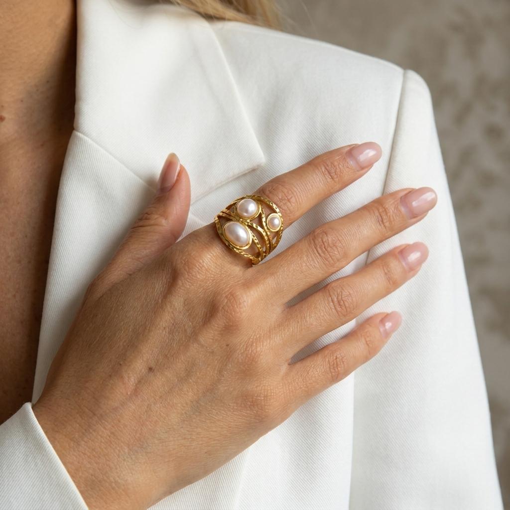 French Vintage Elegant Pearl Ring for Women Stainless Steel Gold Hollow Wire Wrapped Multi Band Chunky Statement Jewelry