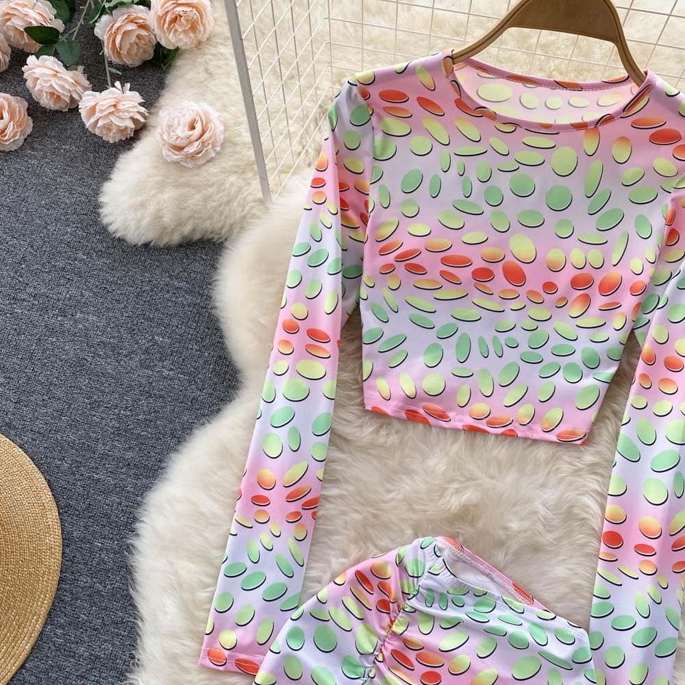 European And American Spring And Summer Sexy Print Suit Fashion Slim Shirt Wrinkled Hip Wrap Skirt Two Piece Suit Fashion