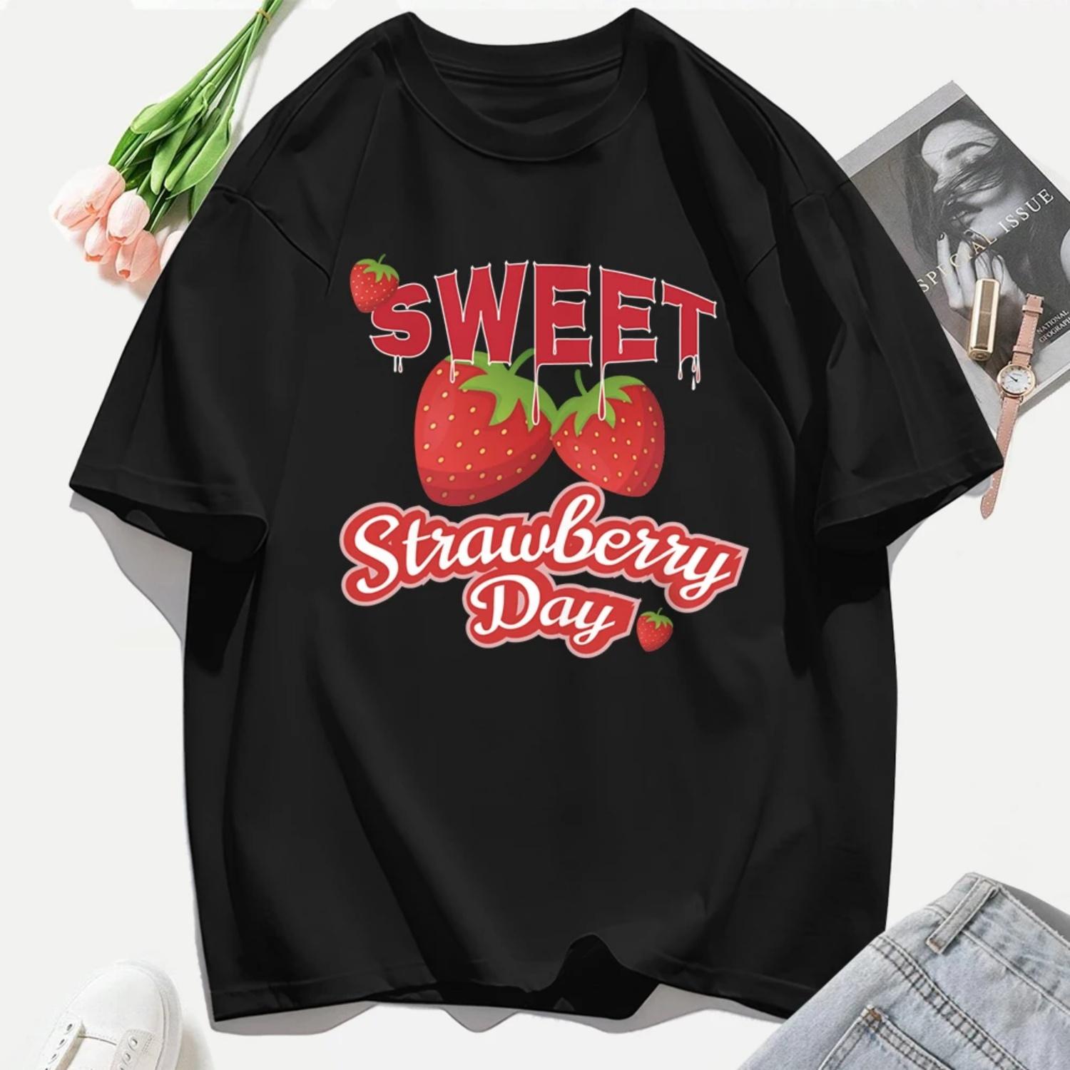 

Sweet Strawberry Day Printing Women Y2K Tee Shirt Casual Cotton T-Shirts Oversize Hip Hop Clothes All-Match All-Match Top S чёрный