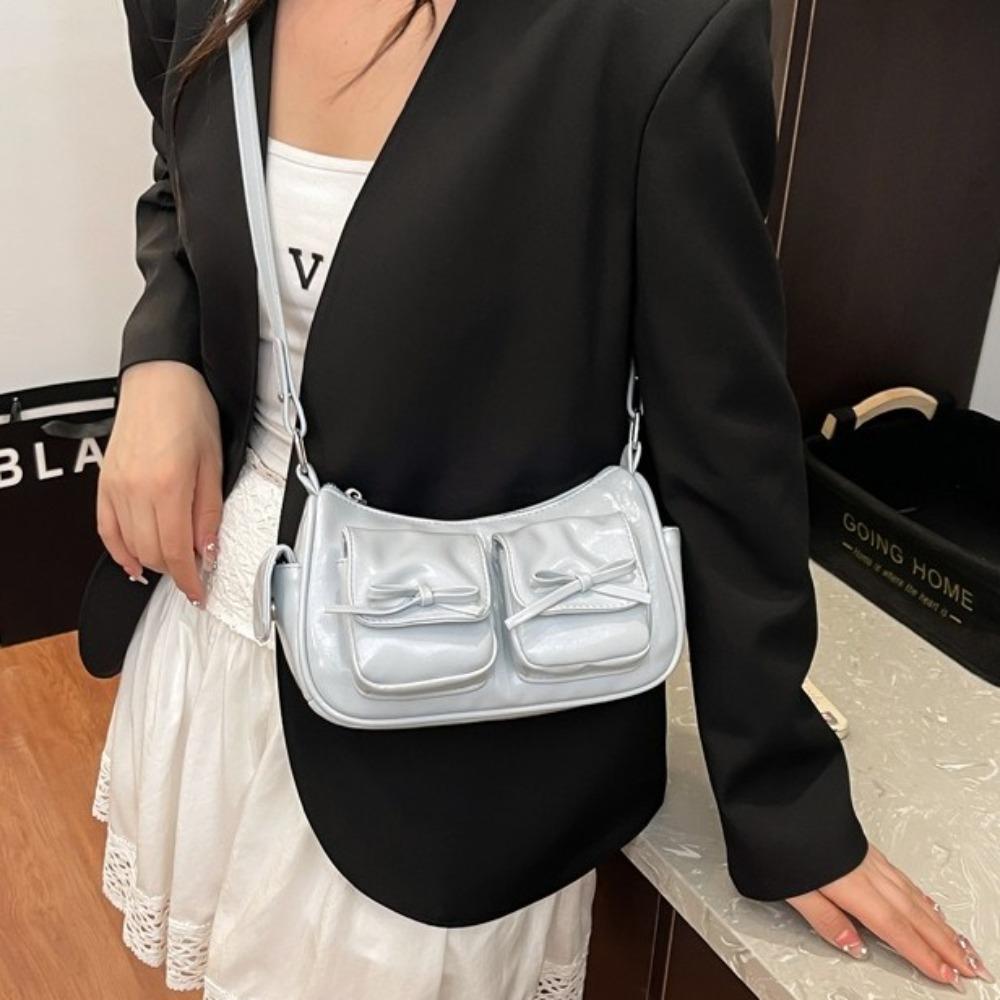 Multiple Pockets Bow Crossbody Bag Y2K Women Handbag Portable PU Leather Underarm Bag Outdoor