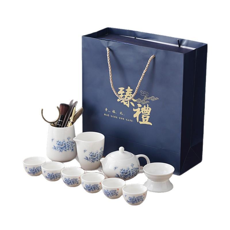Suet jade peony tea set, living room meeting guest Dehua white porcelain tea high-end home light luxury gift box