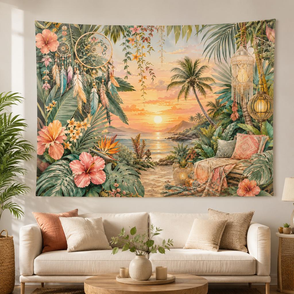 Tropical Beach Wall Tapestry Sunset Palm Tree Tapestries for Bedroom Dreamcatcher Flower Hanging Cloth Boho Room Decor