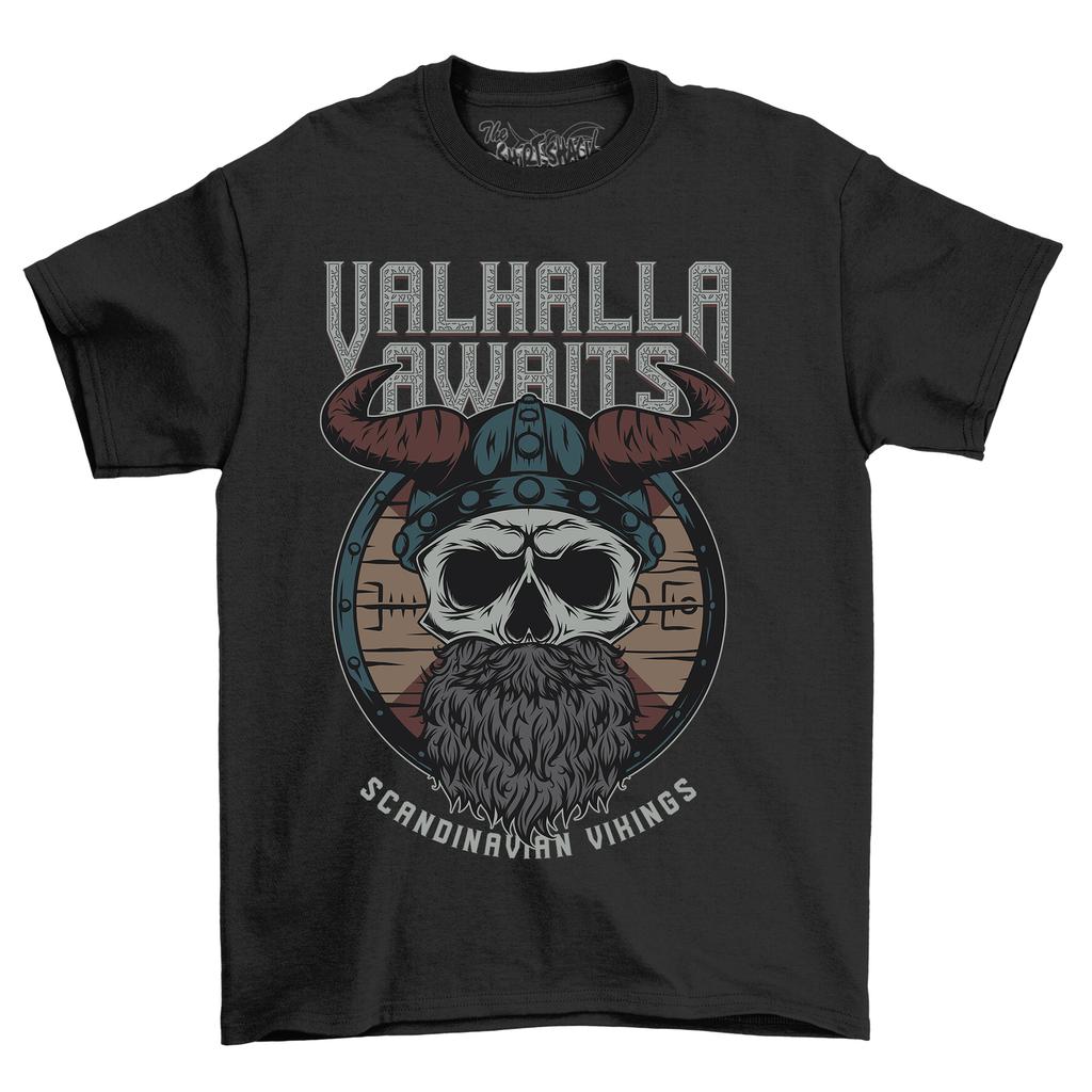 Valhalla Awaits Scandinavia'' Viking T-Shirt Mens Womens Tees Top - Funny Norse Mythology Tee. Unisex