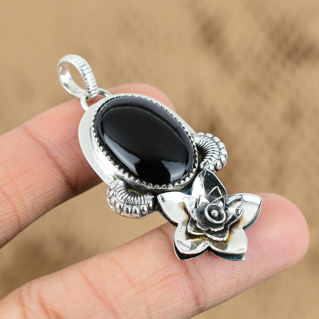 Womens day Deal Sterling Silver Root Chakra Black Onyx Stone Wife Flower Pendant