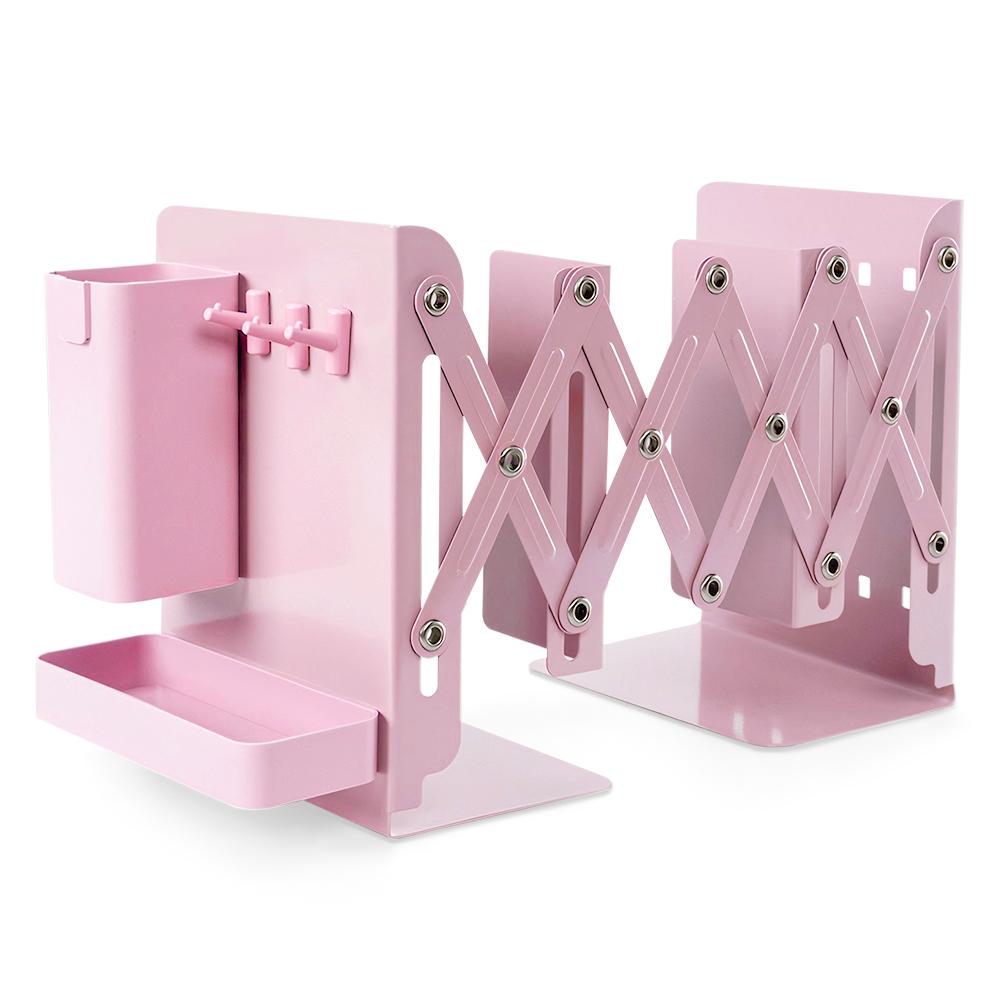 Retractable Desktop Bookstand with Basket & Hook Modern Metal Book Holder Vertical File Sorter Rack Office Accessories