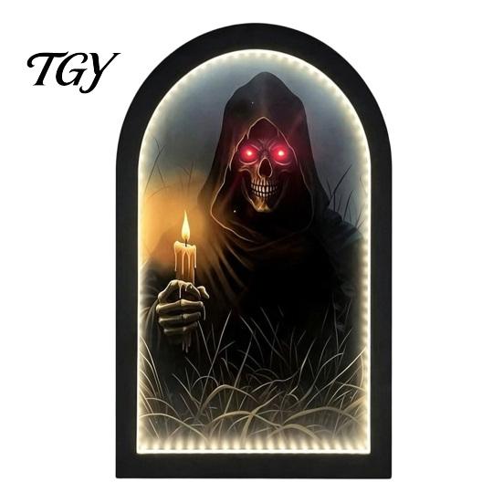 Ghostly Candlelight Display Light Up Ghost Mirror, Arched Wooden Frame Ghost/Grim Reaper Halloween Indoor Holiday Ornaments Soft Ambient Lighted