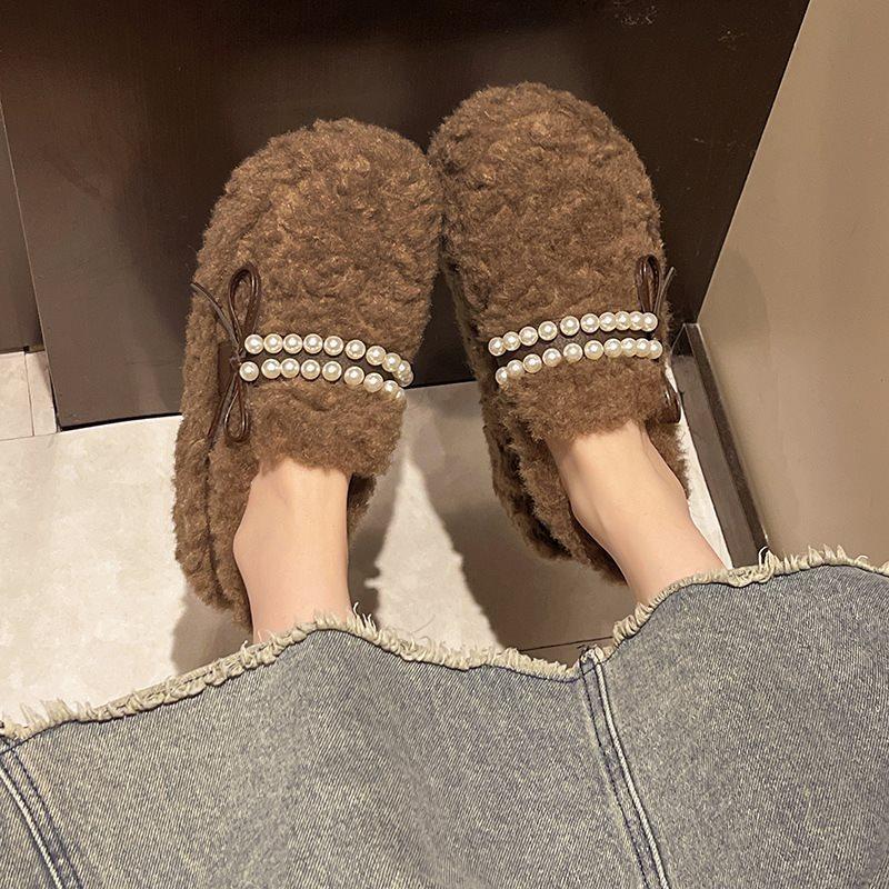 velvet cotton shoes Korean version lazy thick-soled lamb wool one pedal outside wearing round head fluffy shoes women's new autumn and winter beans