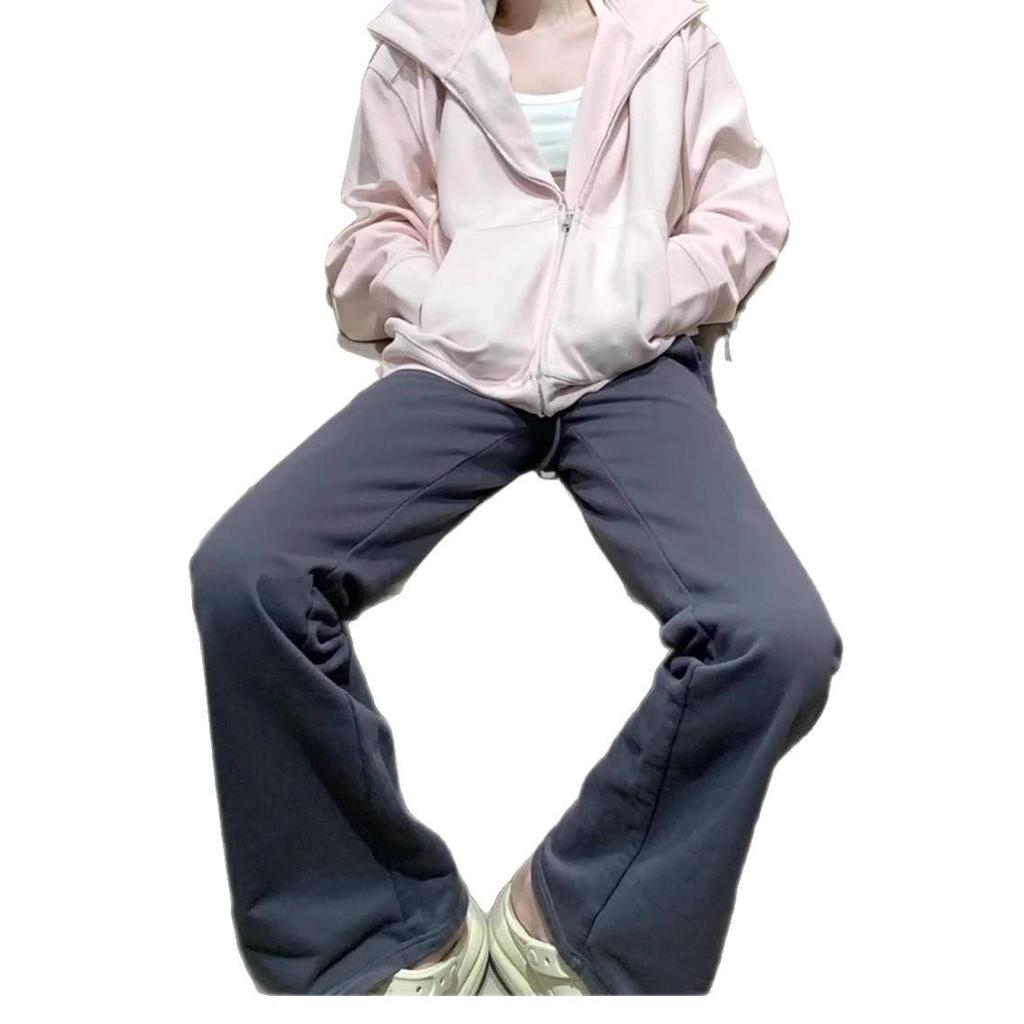 Pantalon de survêtement évasé noir taille haute pour femme - Printemps/Automne, Amincissant, Décontracté, Long jusqu'au sol avec cordon de serrage et drapé, Design en fer à cheval.