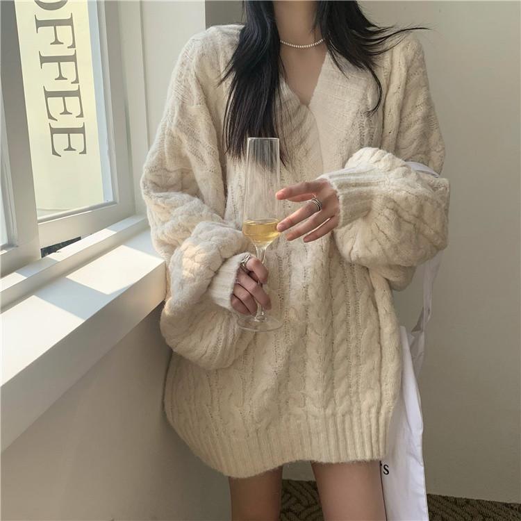 Harajuku Sweater Women Fashion Oversized Pink V-Neck Knitted Pullovers Korean Long Sleeve Knitwear Winter Casual Jumpers