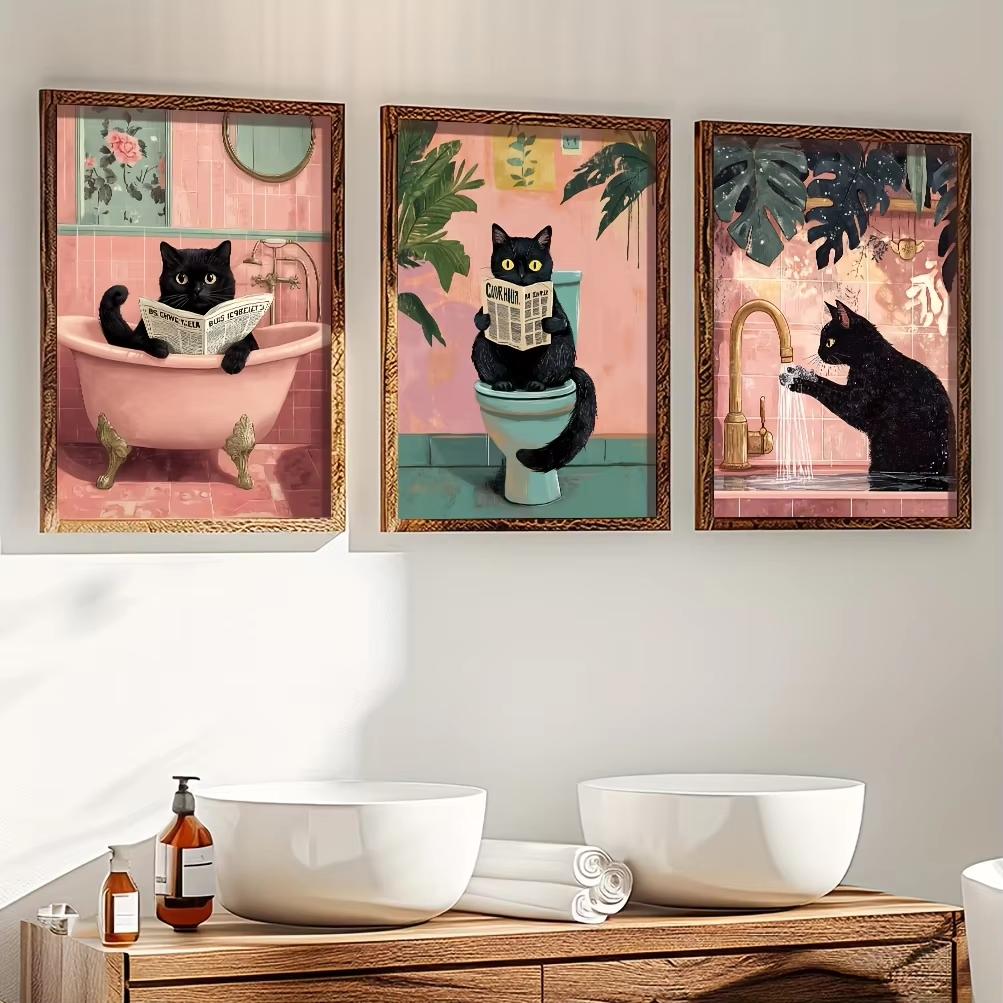 

3pcs Whimsical Cat Canvas Art Prints Set, Vintage Pink Bathroom Humor Posters, Frameless Animal Portraits, Modern Retro Indoor W (as the picture,20x30cm-3pcs)