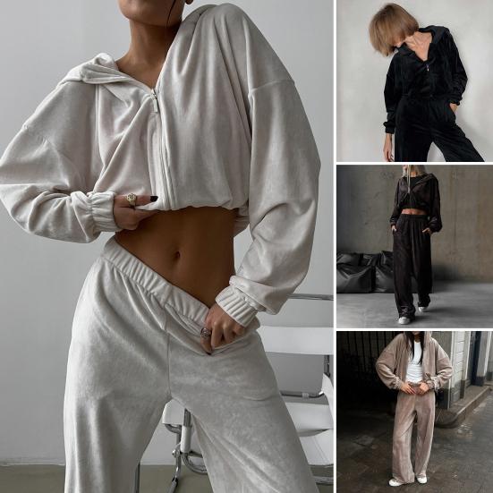 Dames 2-delt velur treningssett Full glidelås hettegenser og vide benbukser Sett Myke fløyelsantrekk