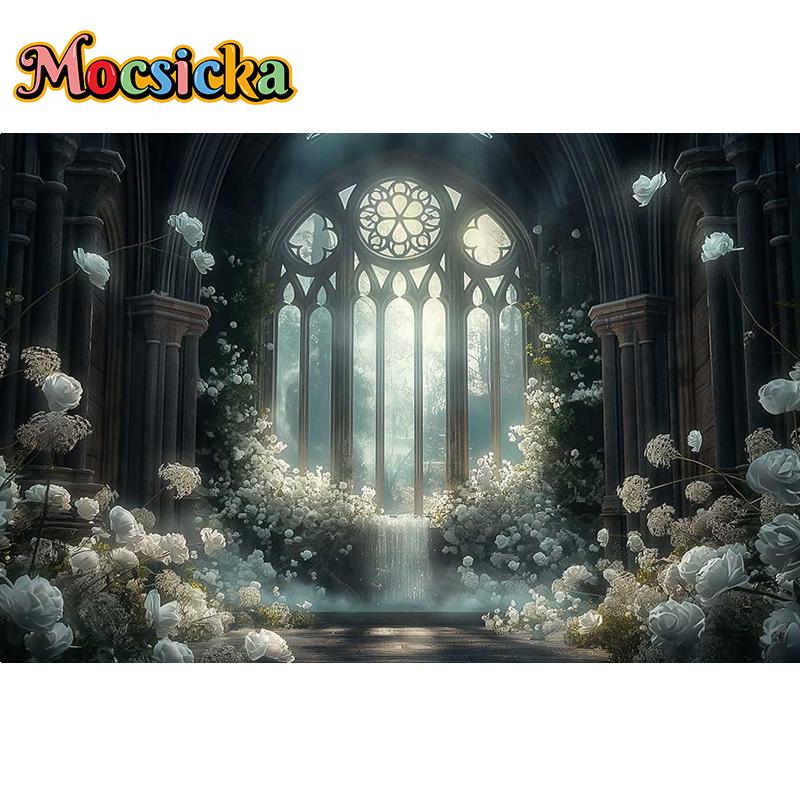 Mocsicka Photography Background Dreamy Misty Arch Castle Floral Decor Wedding Maternity Adult Art Portrait Backdrop Photo Studio