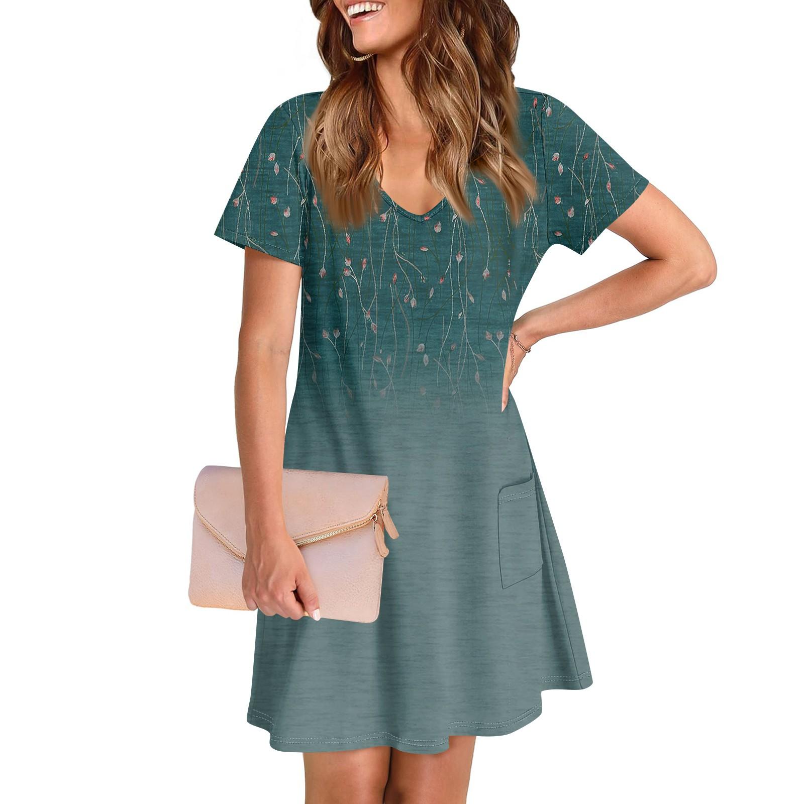 

Женское повседневное и модное платье средней длины с V-образным вырезом и коротким рукавом с принтом XXXL зелёный