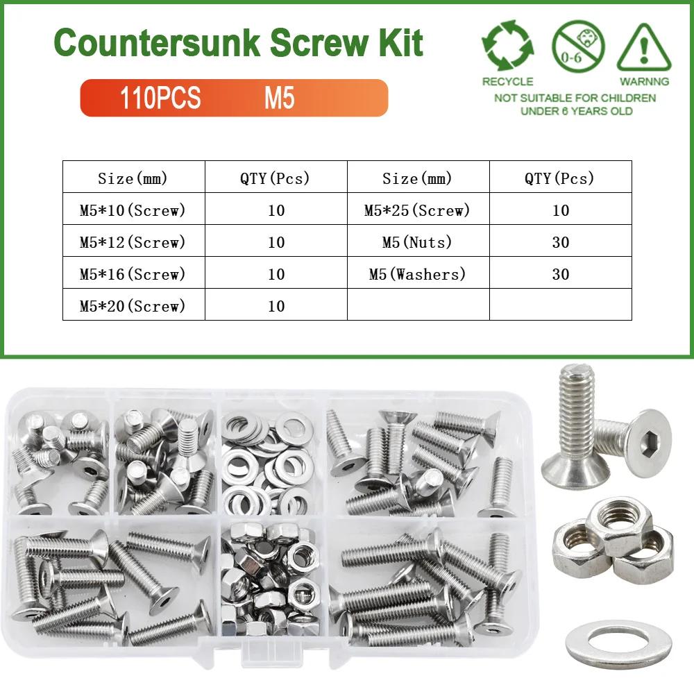 M2 M3 M4 M5 M6 304 Stainless Steel Screw Bolt Nut Washer Kit Countersunk Machine Screws Gasket Hex Allen Nuts Set Assortment