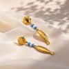 18K Gold Color Plated Long Fish Pendant Earrings Blue Stone Stainless Steel Waterproof Earrings for Women Trendy Holiday Jewelry