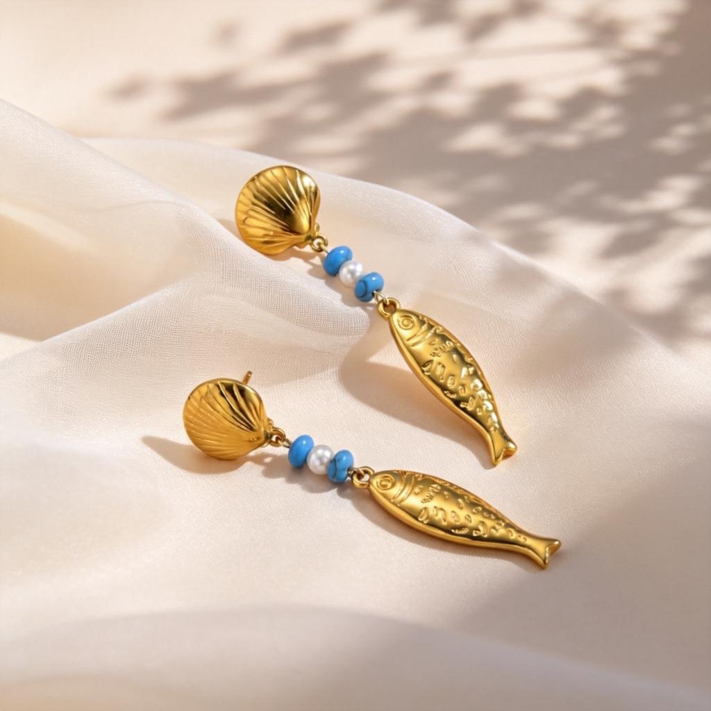 18K Gold Color Plated Long Fish Pendant Earrings Blue Stone Stainless Steel Waterproof Earrings for Women Trendy Holiday Jewelry