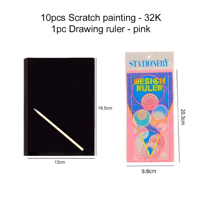 10PCS Scratch Paper Notebook Black DIY Rainbow Art Paper Template Card Neon Scratch Book with Wood Stick Student Rewards TMZ