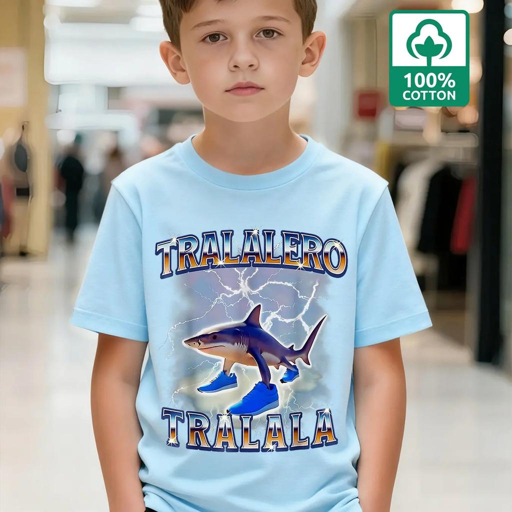 2026 Fashionable Boys' 100% Cotton Fun Shark Battle TRALALERO TRALALA Text Pattern T-Shirt Casual Everyday Children's Wear