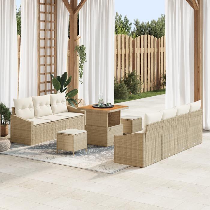 Ensemble de Canapés de Jardin de 10 pièces avec Coussins Beige en Rattan Acacia, Canapé de Jardin 2 places avec Rangement 3364566