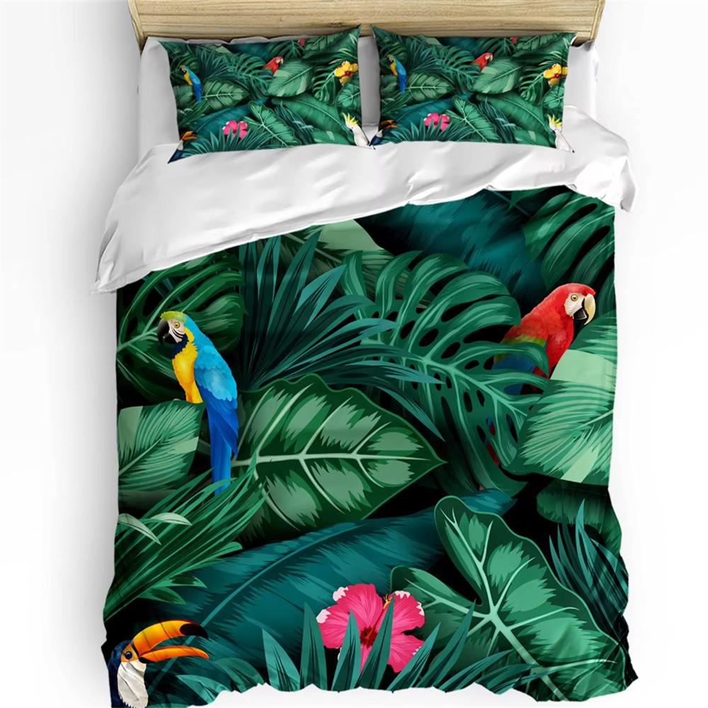 Parrot King Queen Bedding Set Cute Birds Colourful Feather Duvet Cover Tropical Flowers Comforter Cover Polyester Quilt Cover