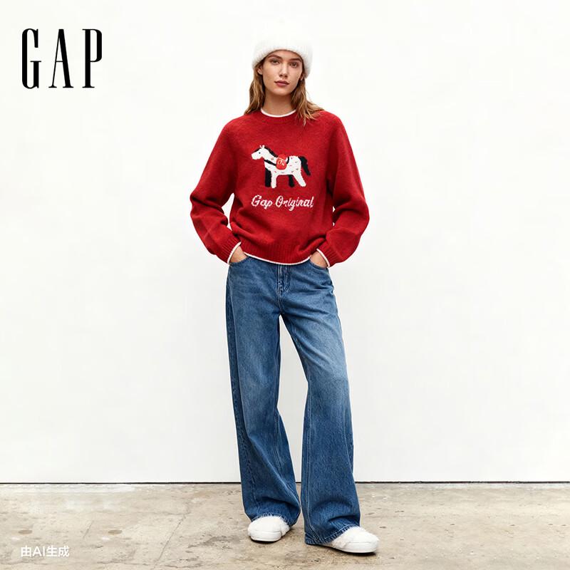 Женский вязаный свитер Gap 2025 Зима Свободный жаккардовый с логотипом с круглым вырезом 829131 M