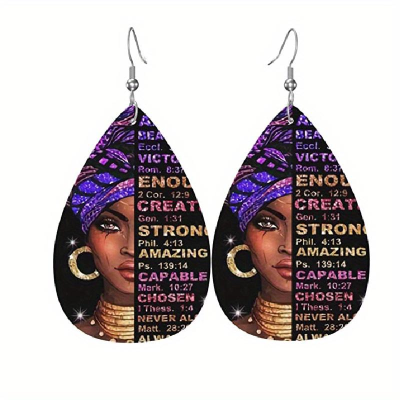 Boohemia Gypsy Girl with Earrings Print Waterdrop PU Earrings for Women Girls Letter Dangle Earrings Party Decorations New Year Christmas Gifts