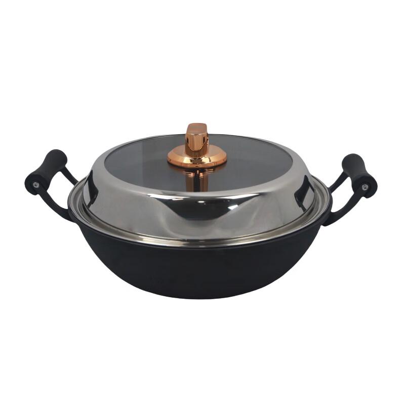 YUZUN 32cm Flat-Bottom Double-Handle Cast Iron Wok with Visible Lid
