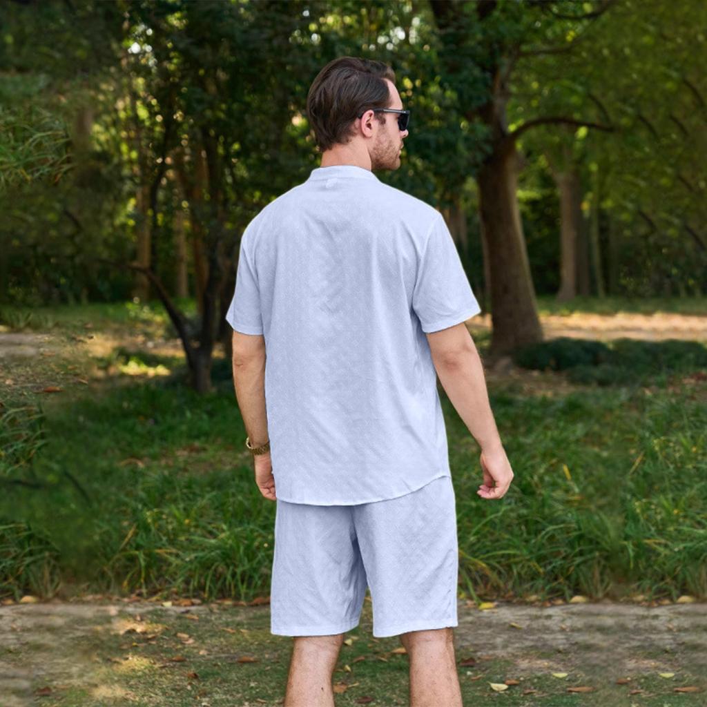 Stand-up Collar Button Short-sleeved T-shirt, Shirt And Shorts Set