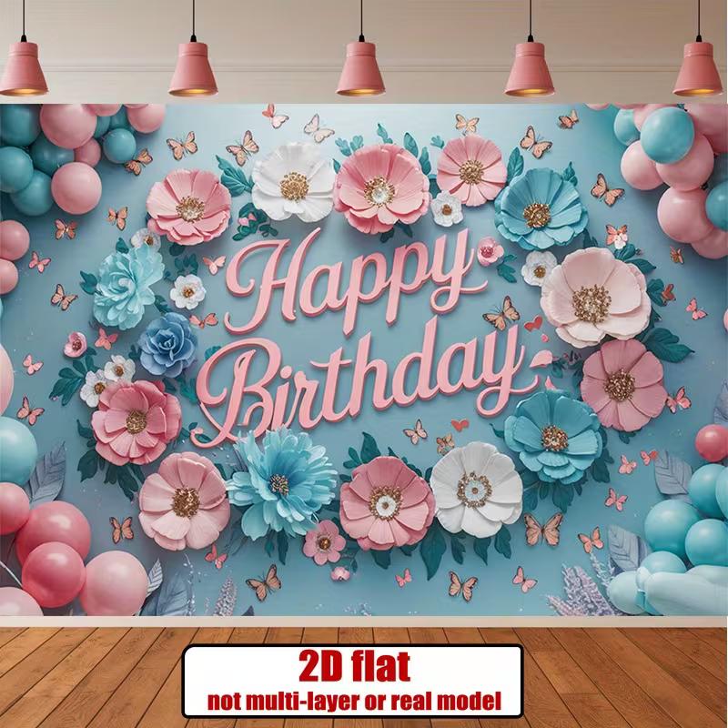 

2D Happy Birthday Photography Backdrop, Light Blue Background with Pink Flowers and Butterflies 47.2x31.5inch/120*80cm