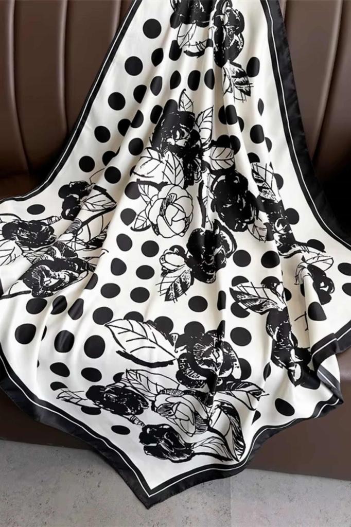 White Scarf 90x90 with Black Polka Dots and Flowers - Elegance in Contrast Style