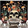 Cartoon Skull Floral Tapestry, Mushroom Leaves Skeleton Goth Garden Aesthetic Tapestries For Bedroom Game Room College
