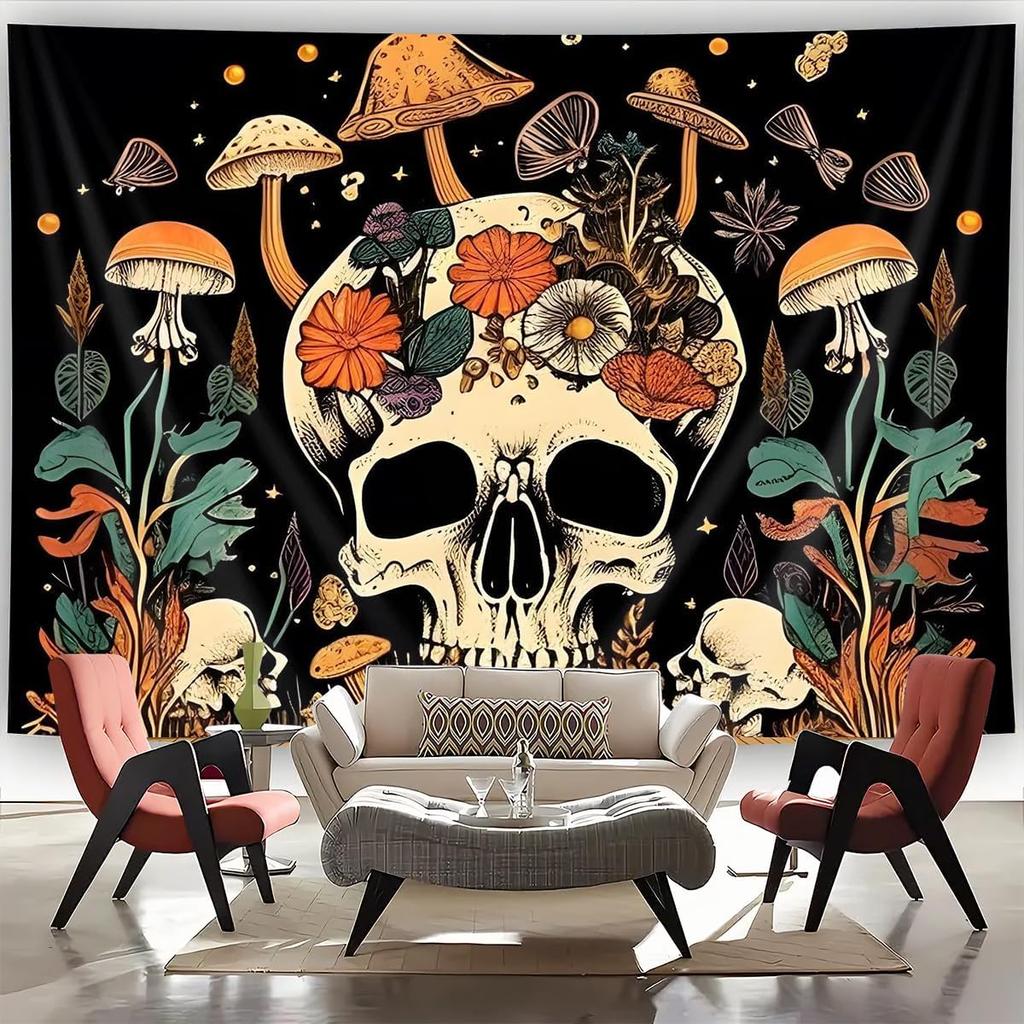 Cartoon Skull Floral Tapestry, Mushroom Leaves Skeleton Goth Garden Aesthetic Tapestries For Bedroom Game Room College