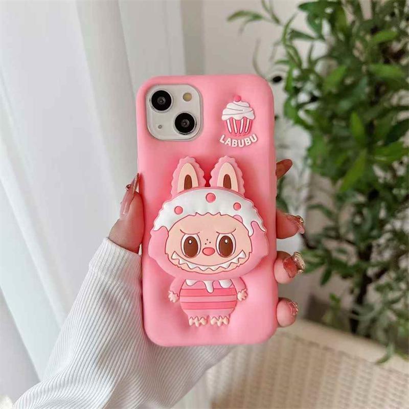 Custodia per telefono 3D carina Labubu con supporto per iPhone 16 15 14 13 12 Pro Max Cover in morbido silicone iPhone 13 Pro Max rosa