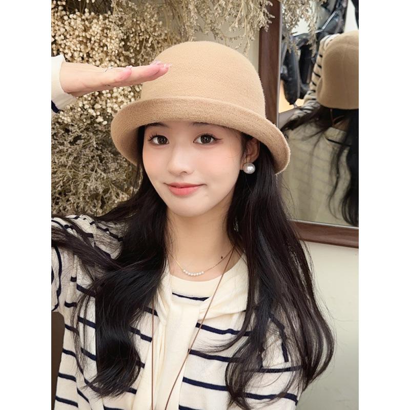 Bucket hat women's autumn and winter new solid color temperament top hat big head circumference curling women's bucket hat fashionable and versatile