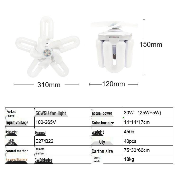 New Cross-border Remote Control 5-Blade Ceiling Fan with Stepless Dimming LED Light for Home, Bedroom, Dormitory