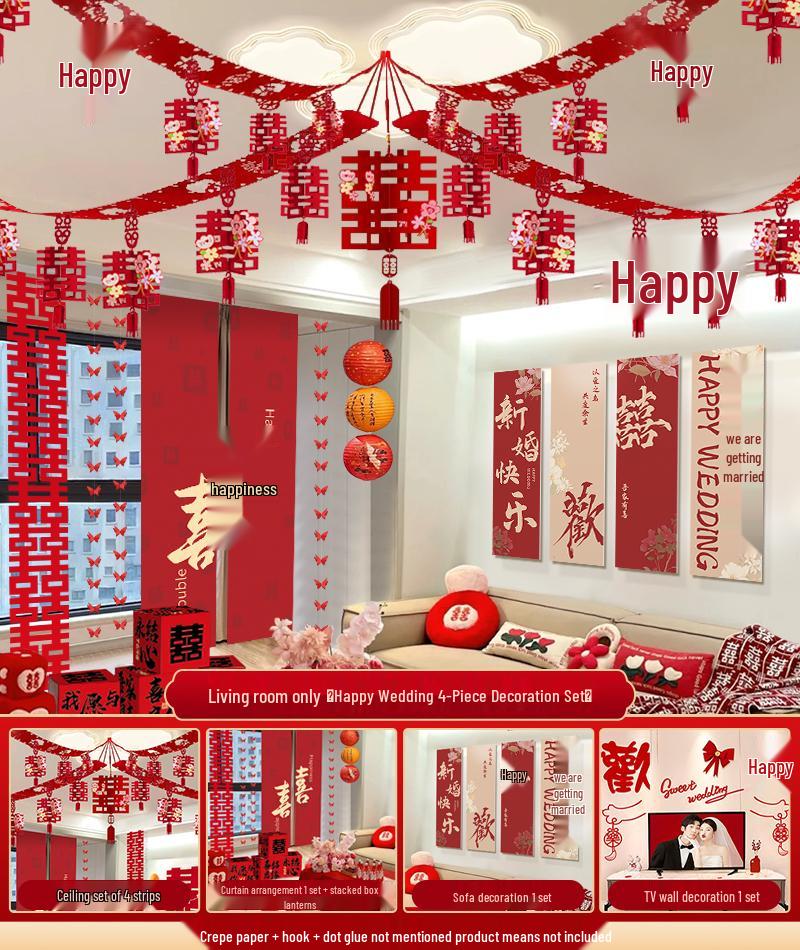 Hanging Double Happiness Cloth Banner for Wedding and Engagement Decor In Living Room or Hotel