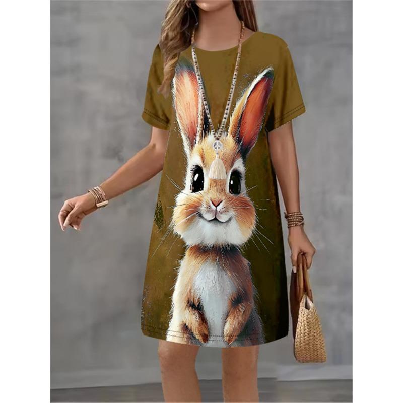 Women Dress Cute Rabbit Pattern Print Design Sense Pattern 2025 Summer Elegant Women A-Line Dress Casual Short Sleeve Mini Dress