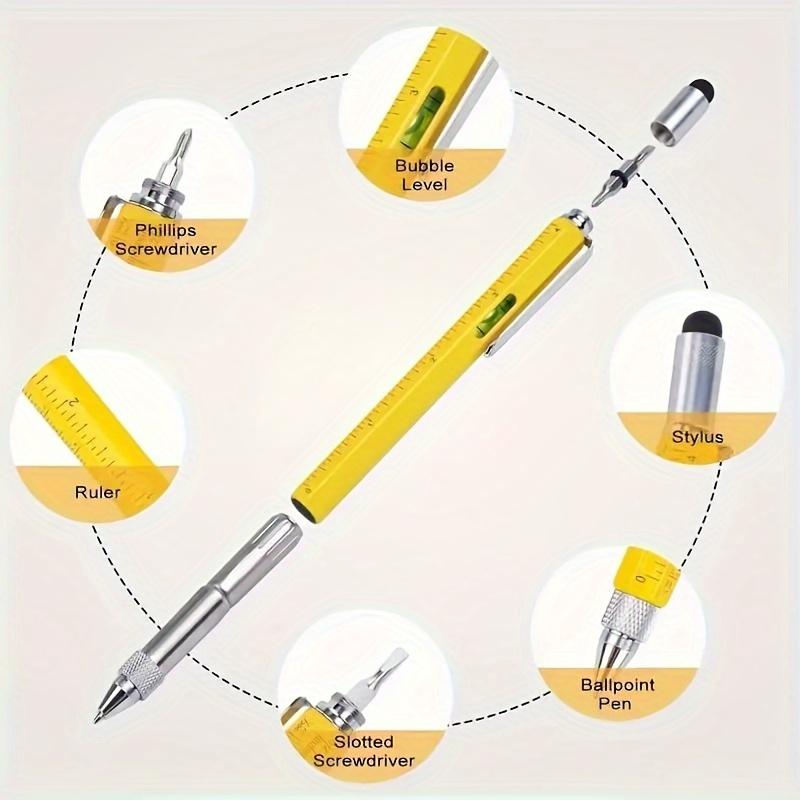 6-in-1 Heavy-Duty Multitool Pen - Water-Resistant, Retractable, Metal Construction With Medium Point, Ballpoint Pen, Ruler, Stylus, Level, Screwdriver