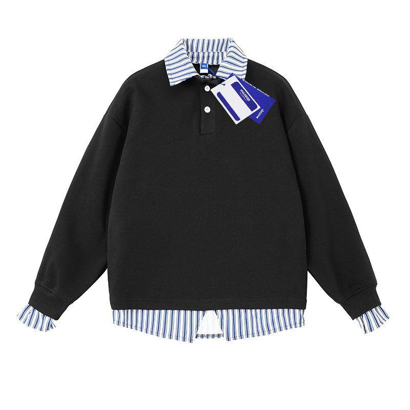 Wassup Trendy Black Fake Two-Piece Striped Lapel Men's Sweatshirt 2025 Spring and Autumn New Style Cool Workwear Top