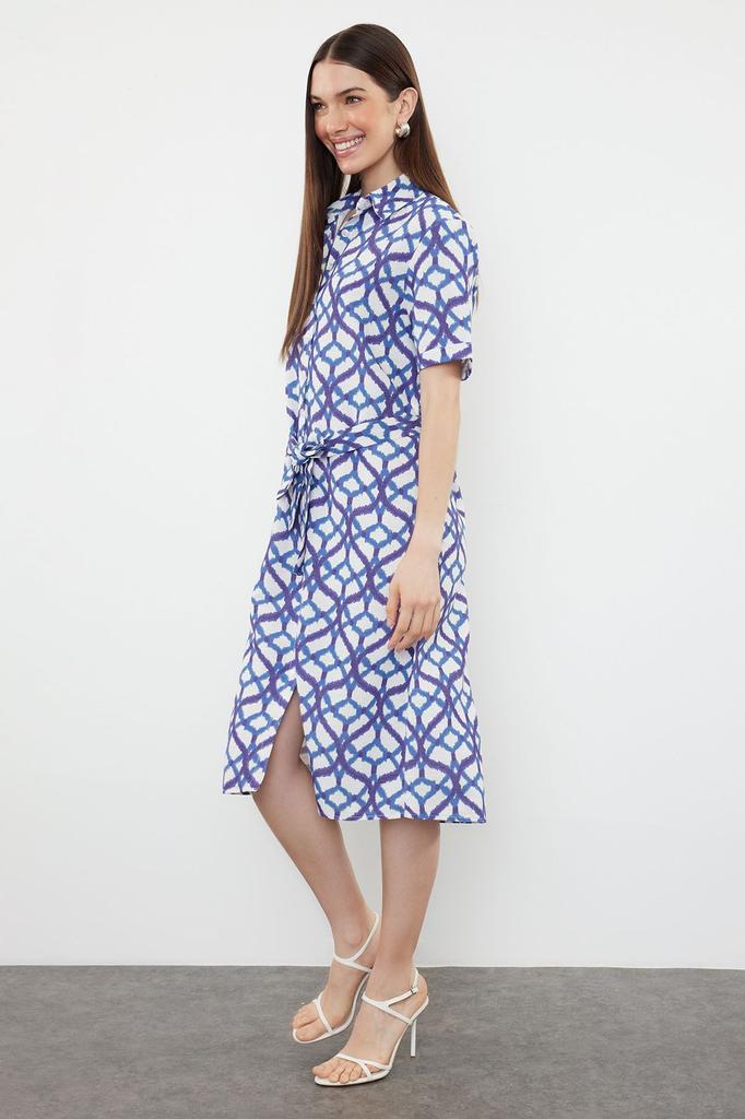 Women's Style Dress Blue Belted Midi Woven Shirt Dress