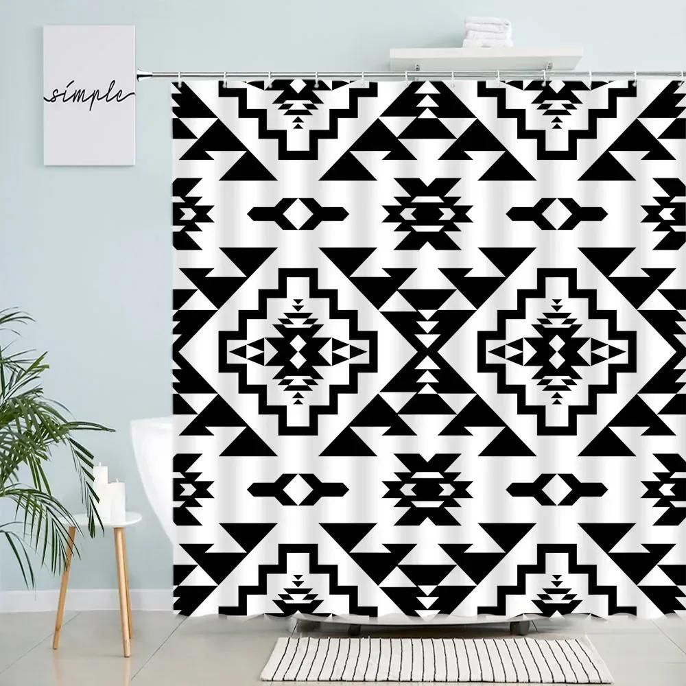 Creative Geometric Shower Curtains Retro Ethnic Style Design Pattern Print Modern Nordic Boho Bathroom Decor Bath Curtain Hooks