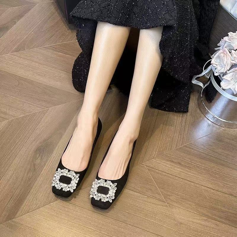 Design Sense Black Square Head Temperament Low Heel Single Shoes Rhinestone High Heels Versatile Commuter Women's Shoes