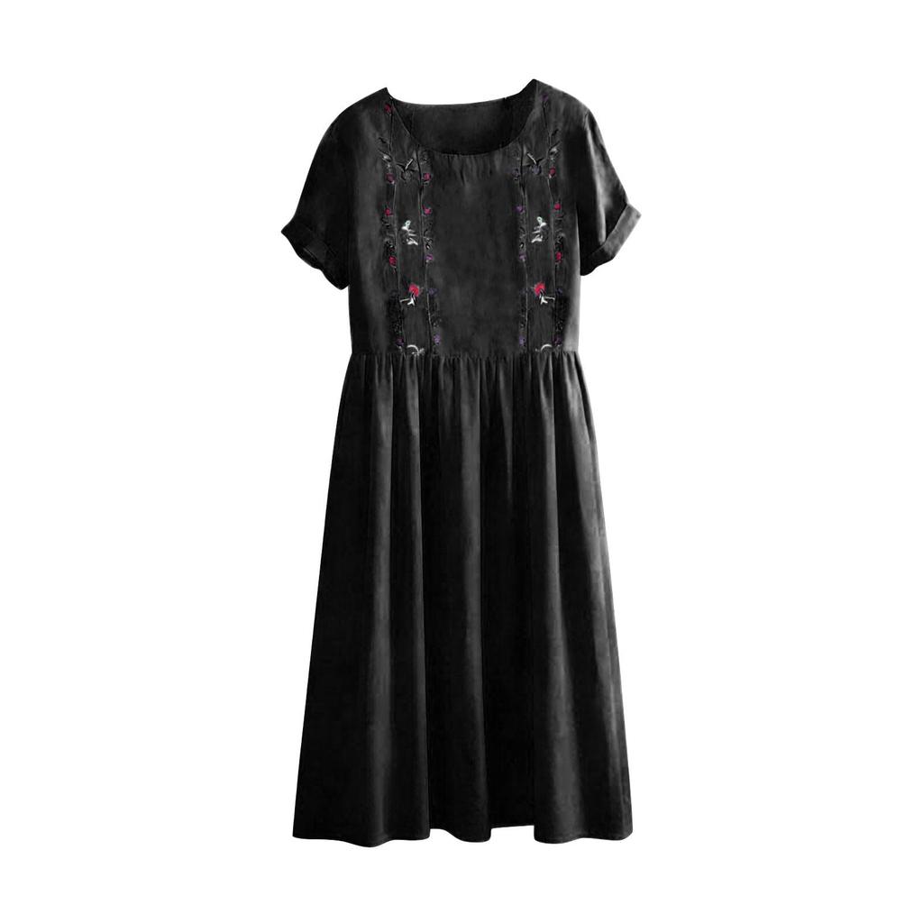 Women's Cotton And Linen Embroidered Printed Round Neck Pocket Short Sleeved Dress