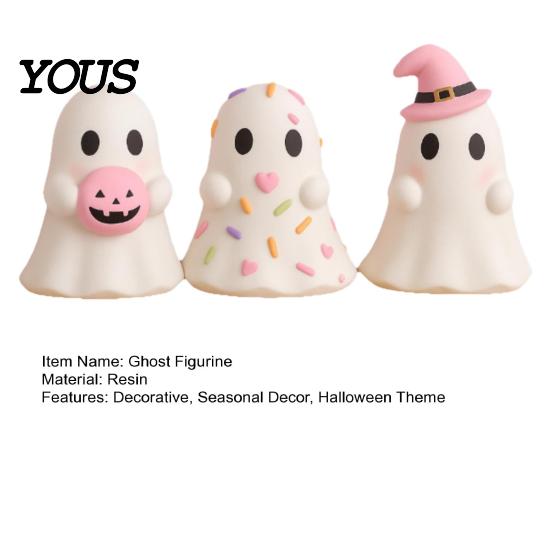 Desktop Figurine for Kids Cute Halloween Ghost Resin Figurine, Candy Pumpkin Witch Hat Small Statue Desk Decor Girls, Pink White Kawaii Tabletop